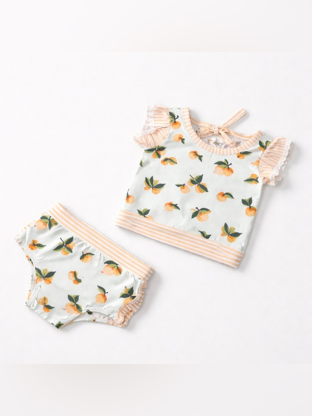 SweetHoney Mint Green Peach print ruffle bottom 2 piece swimsuit size 12 months